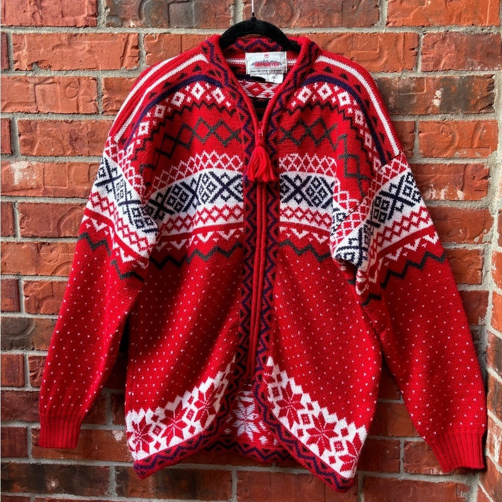 Obermeyer Womens Large Wool Blend Red Nordic Fair Isle Zip Up Cardigan Sweater